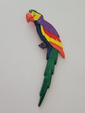 Vtg big large gold tone green blue yellow Parrot Brooch Pin clear rhinestone eye